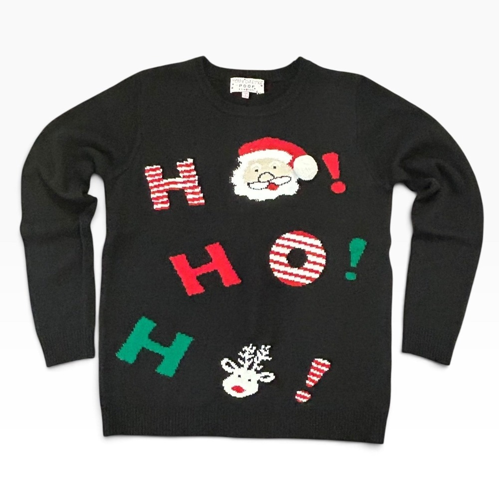 Poof New York Christmas Sweater Black Santa Reindeer Ho Ho Ho Festive Knit